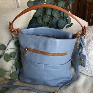 Valentina Light Blue and Tan Shoulder Bag